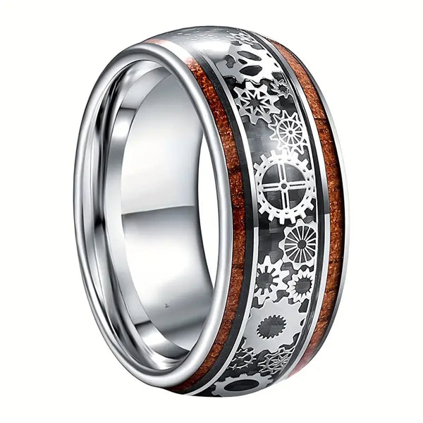 Stainless Steel & Wood Mechanical Gear Ring: Sizes 7-13