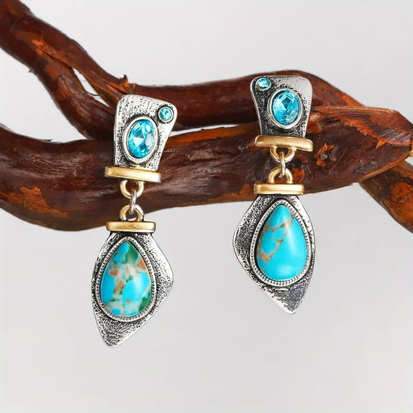 Faux Turquoise & Crystal Two-Tone Alloy Metal Post Earrings