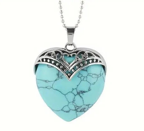 Chunky Turquoise Heart Silver-Plated & Stainless Steel Box Chain Necklace