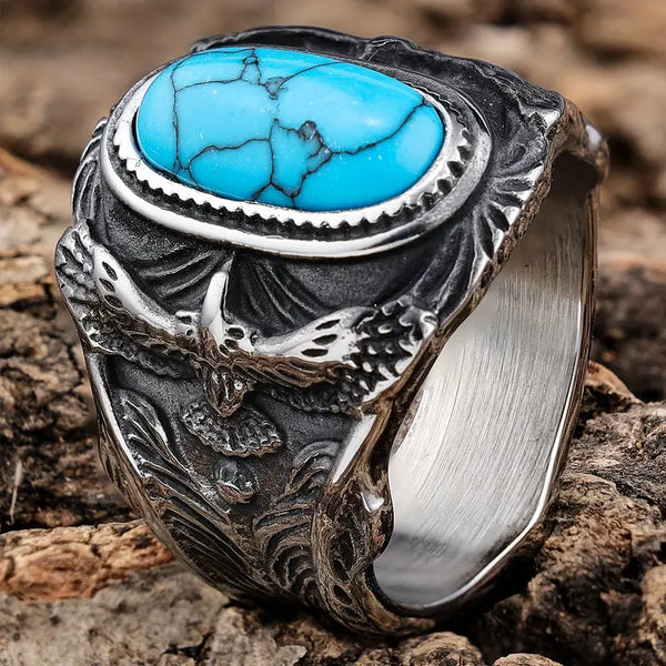 Faux Turquoise w/Eagle on Side Stainless Steel Ring: Sizes 7-13
