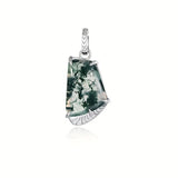 Geometic Shaped Moss Agate w/14kt White Gold-Plated Sterling Silver Pendant/Necklace