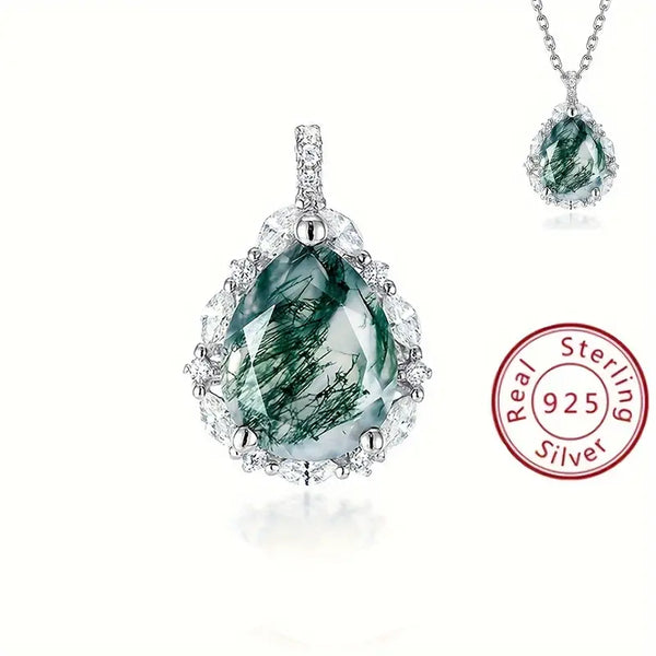 Pear-Shaped Moss Agate w/CZ Accents & 14kt White Gold-Plated Sterling Silver Pendant/Necklace