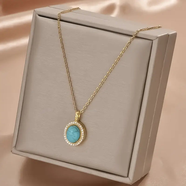 Faux Turquoise w/CZ Halo Accents w/Gold-Plated Alloy Pendant & Stainless Steel Chain