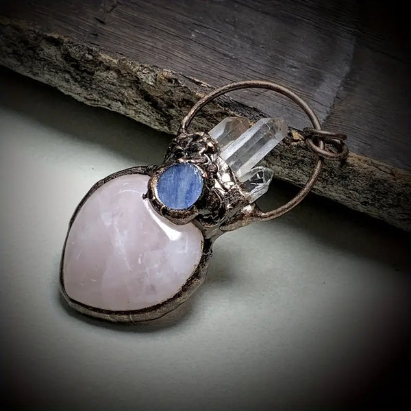 Rose & Clear Quartz & Kyanite Antique Copper Pendant/Necklace w/22" Chain