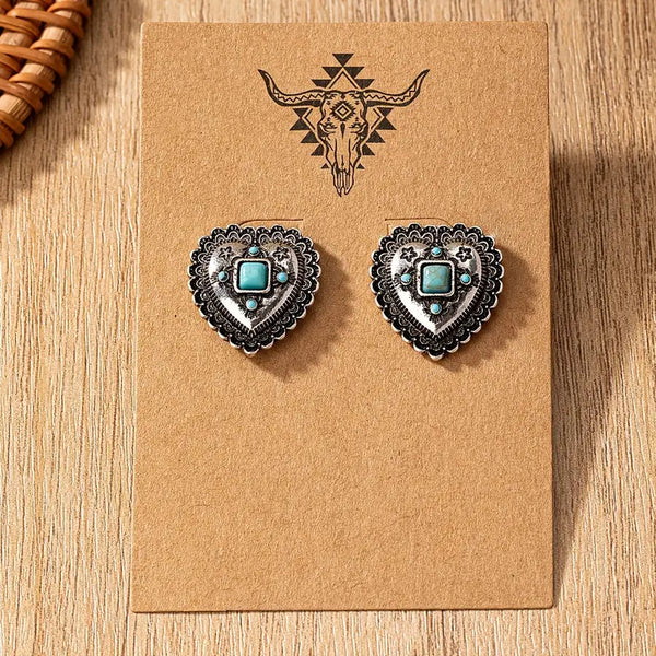 Silver-Plated Alloy Faux Turquoise Western-Style Heart-Shaped Post Earrings