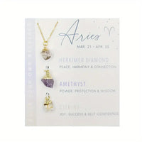 14kt Gold-Plated Stainless Steel Three-Stone Pendants Birth Month: Aries-Herkimer Diamond, Amethyst, Citrine