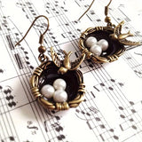 Antique Silver-Plated Alloy Sparrow in Nest w/Faux Pearl Eggs w/Stainless Steel Leverback Earring Wires