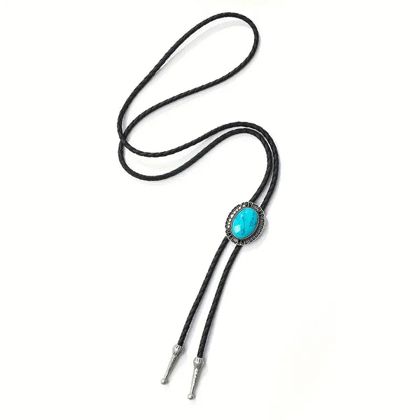 Smaller Faux Oval Turquoise Alloy Metal w/Faux Leather Bolo Tie