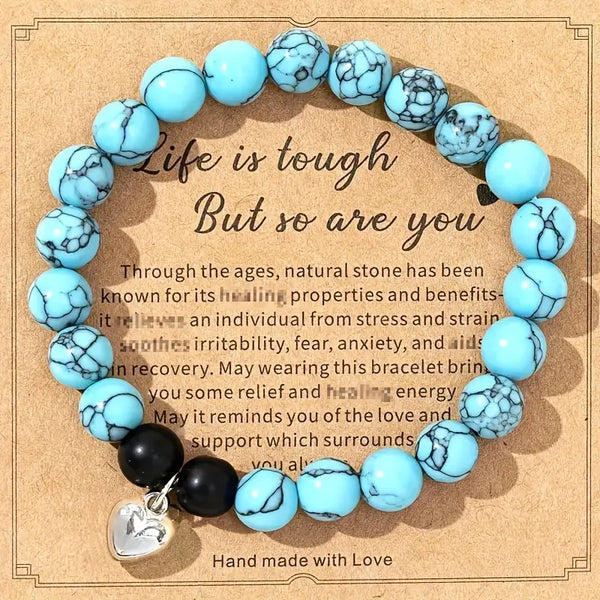 Faux Turquoise Bead w/Silver-Plated Heart Charm Stretch Bracelet