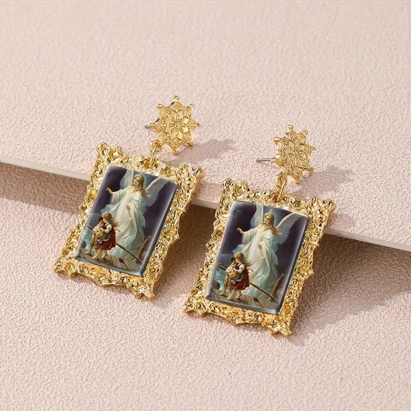 Gold-Plated Alloy Fan Art - Lindberg (aka H. Zabateri) "Guardian Angel Watching Over Children On Bridge" Painting Post Earrings