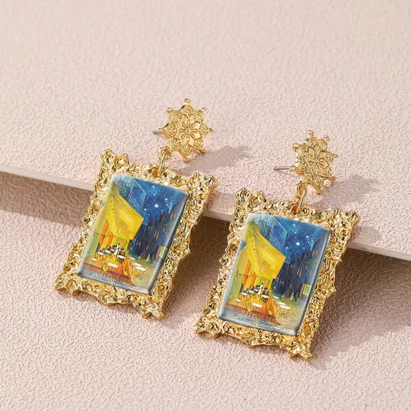 Gold-Plated Alloy Fan Art - Van Gogh "Cafe Terrace at Night" Painting Post Earrings