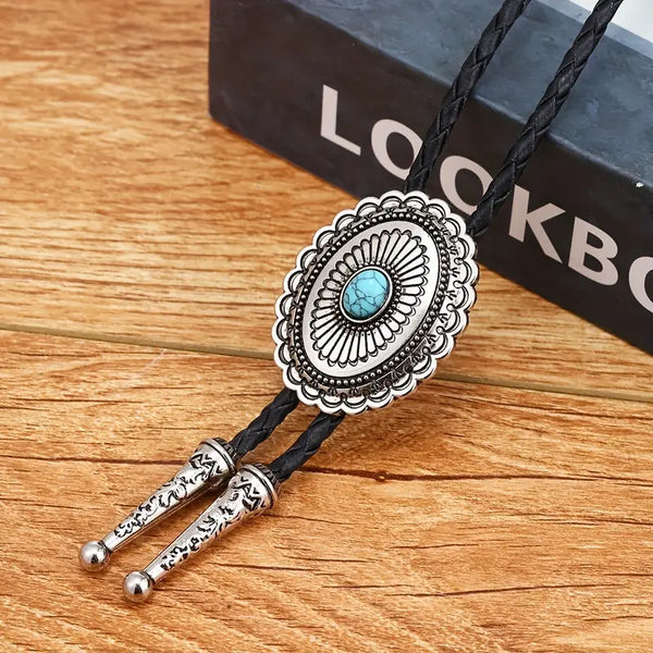 Faux Oval Turquoise Alloy Metal w/Faux Leather Bolo Tie