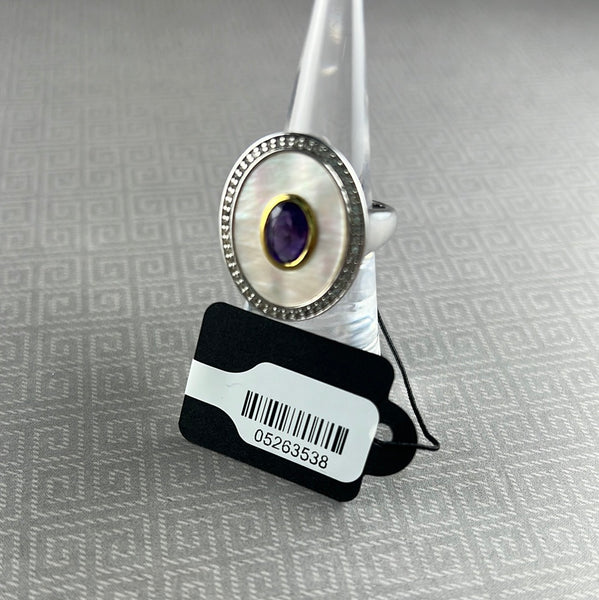 14kt Gold-Plated Sterling Silver Two-Tone Amethyst,  White Topaz, Mother of Pearl Ring - Size 7
