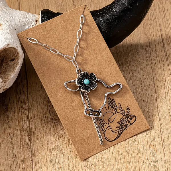 Cow w/Faux Turquoise & Flower Silver-Plated Alloy Pendant/Necklace