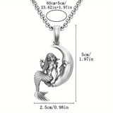 Mermaid Sitting On Crescent Moon Alloy Pendant w/Stainless Steel Box Chain