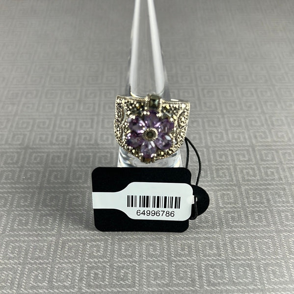 Sterling Silver & Marcasite & Amethyst Stones Ring - Size 6.5