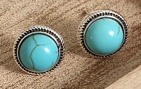 Silver-Plated Alloy w/Faux Turquoise Round Cabochon Post Hoop Earrings
