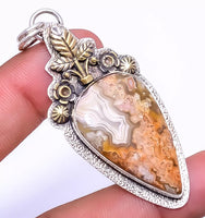 Crazy Lace Agate 14kt Gold-Plated Sterling Silver Two-Tone Pendant w/18" Sterling Silver Snake Chain