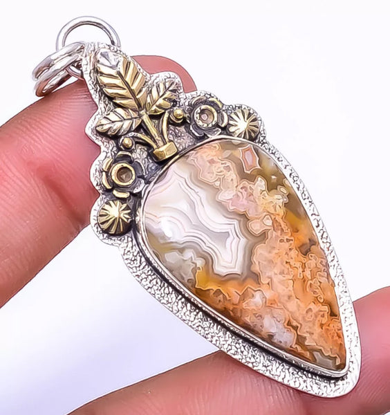 Crazy Lace Agate 14kt Gold-Plated Sterling Silver Two-Tone Pendant w/18" Sterling Silver Snake Chain