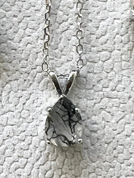 Pear-Shaped Moss Agate w/14kt White Gold-Plated Sterling Silver Pendant/Necklace