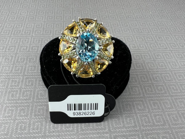 Citrine, Blue Topaz, w/White Topaz Accents Sterling Silver Ring: Size 6.5