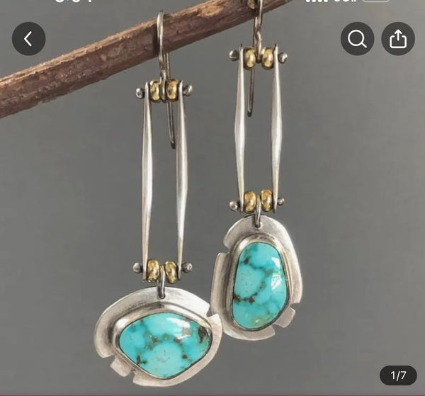 Two Tone Faux Turquoise Silver Plated Artisan Earrings