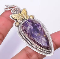 Charoite 14kt Gold-Plated Sterling Silver Two-Tone Pendant w/18" Sterling Silver Snake Chain