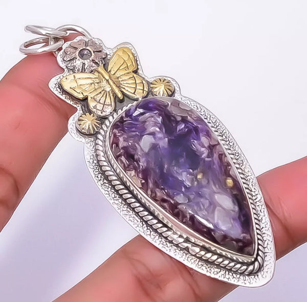 Charoite 14kt Gold-Plated Sterling Silver Two-Tone Pendant w/18" Sterling Silver Snake Chain