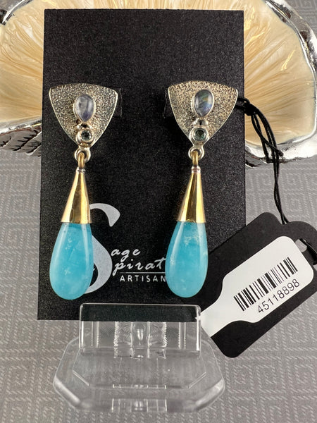 Smithsonite, Moonstone & Blue Topaz Two-Tone Sterling Silver Post Earrings