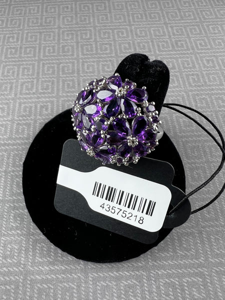 Sterling Silver Two-Tone Amethyst & White Topaz Multi-Flower Design Ring - Size 7.0