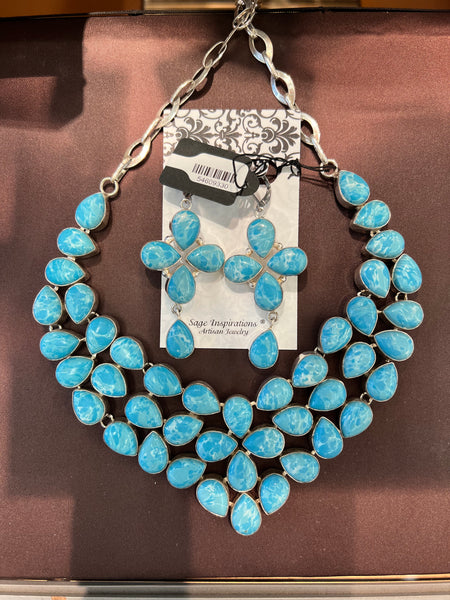 Faux Turquoise Sterling Silver Bib Necklace & Earring Set w/Stainless Steel Leverback Earring Wires: Set