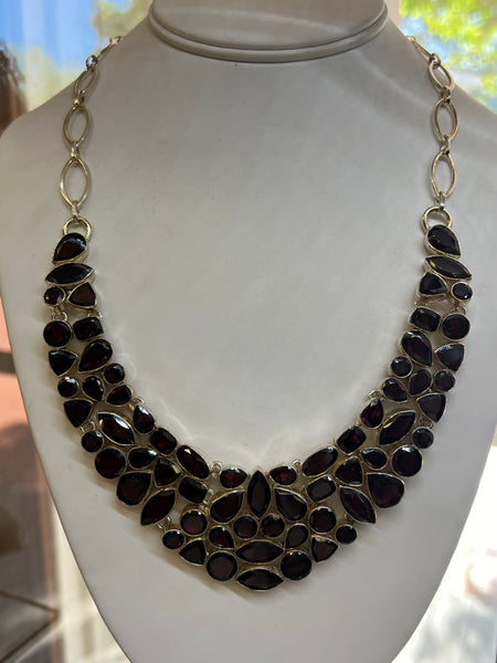 Garnet & Sterling Silver Gemstone Bib Necklace