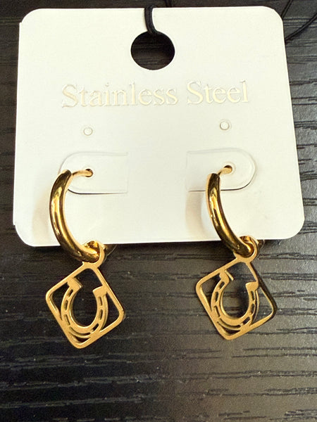 Stainless Steel w/Horseshoe Charm Hoop Earrings