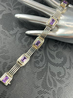 Heavy Sterling Silver w/5 Faceted Emerald Cut Amethyst Stones & Box Clasp