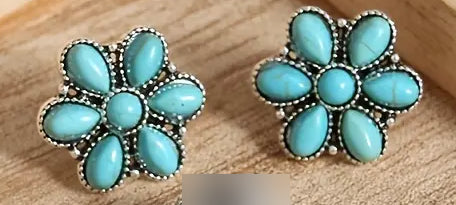 Silver-Plated Alloy  w/Faux Turquoise Flower Post Hoop Earrings