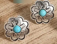 Silver-Plated Alloy  w/Faux Turquoise Western Wheel Post Hoop Earrings