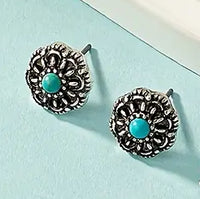 Silver Plated Alloy w/Faux Turquoise Western Floral Post Earrings