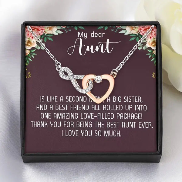 My Dear Aunt:  Silver Plated Pendant w/Copper Heart & Infinity Design w/CZ & Stainless Steel Chain & Inspirational Card