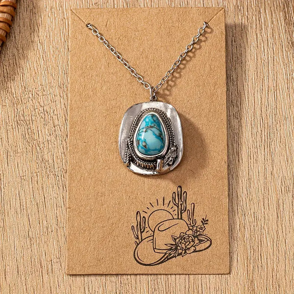 Faux Turquoise Cowboy Hat Silver-Plated Pendant/Necklace