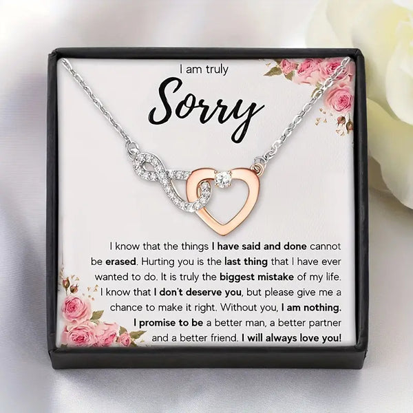 I am Truly Sorry: Heart w/Infinity & CZs-Silver & Gold Plated Two-Tone Pendant w/Stainless Steel Chain & Inspirational Card