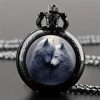Smaller - Black Patina Over Bronze Pocket Watch/Necklace: Two Wolves
