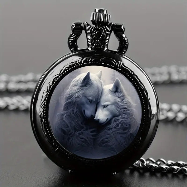 Smaller - Black Patina Over Bronze Pocket Watch/Necklace: Two Wolves