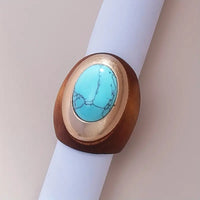 Wood & Gold-Plated Alloy w/Turquoise Cabochon Stone Ring: One Size-8