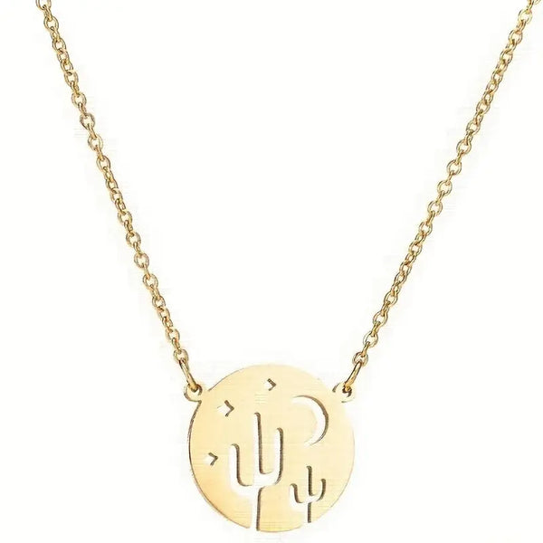 Stainless Steel Cactus & Moon Necklace: Variation B Gold-Plating