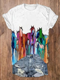 White Shirt w/Artistic Watercolor Horses 100% Polyester: Sizes S, M, L, XL, XXL