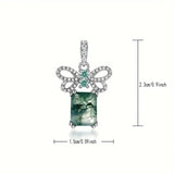 Emerald Cut Moss Agate w/CZ Accents & 14kt White Gold-Plated Sterling Silver Pendant/Necklace