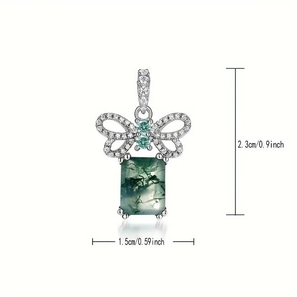 Emerald Cut Moss Agate w/CZ Accents & 14kt White Gold-Plated Sterling Silver Pendant/Necklace
