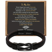 To My Son: Stainless Steel Knot w/Leather Bracelet w/Magnetic Box Clasp