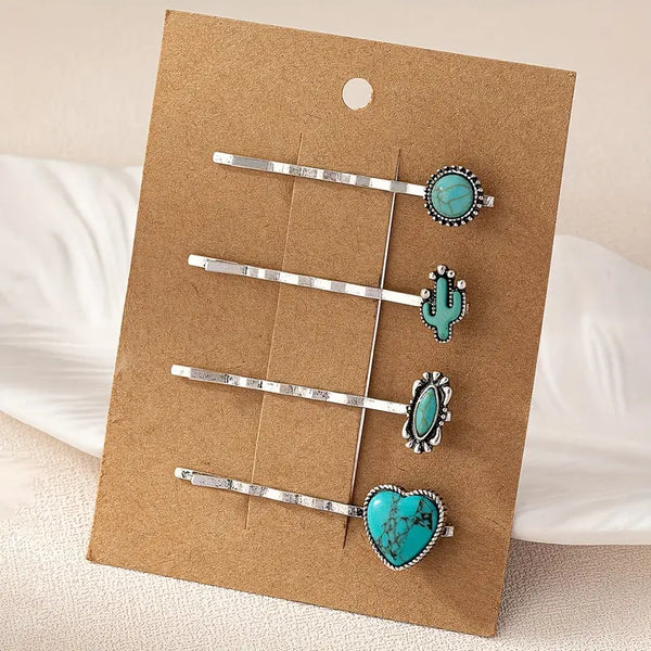 Set of 4 Faux Turquoise Alloy Hair Clips