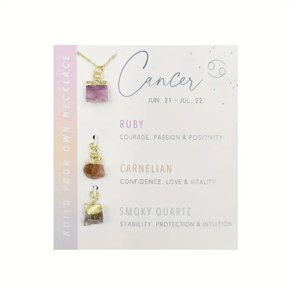 14kt Gold-Plated Stainless Steel Three-Stone Pendants Birth Month: Cancer-Ruby, Carnelian, Smoky Quartz